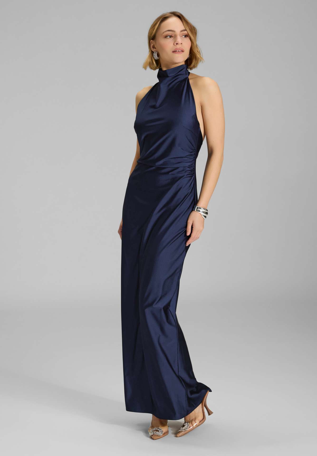Navy Blue Satin Halter Neck Maxi Dress