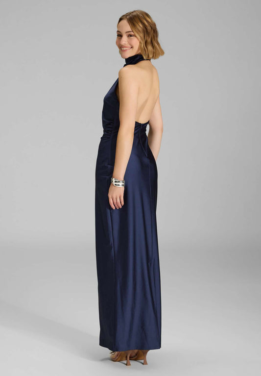 Navy Blue Satin Halter Neck Maxi Dress