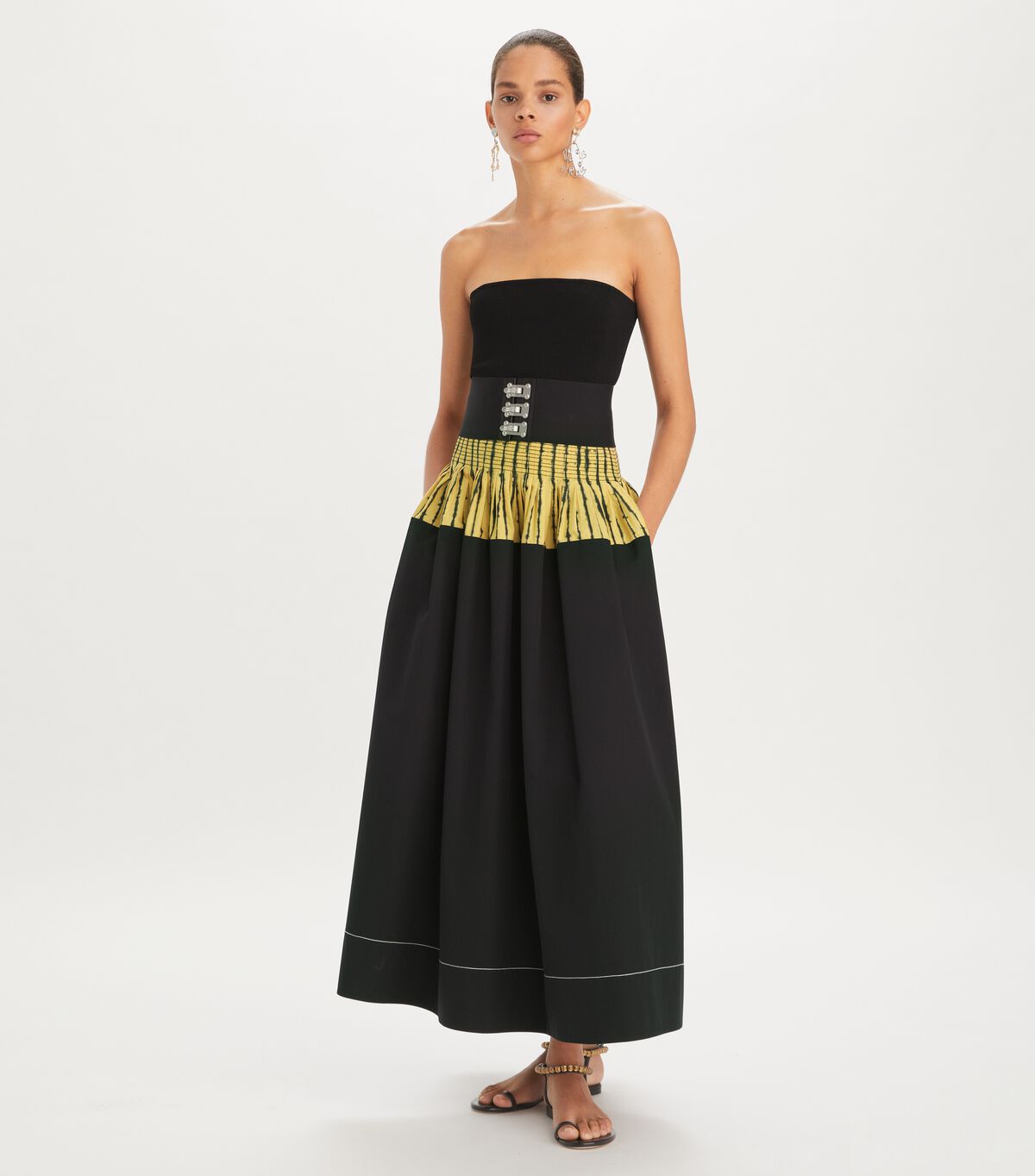Black One - Shoulder Dress with Yellow Striped Waistband