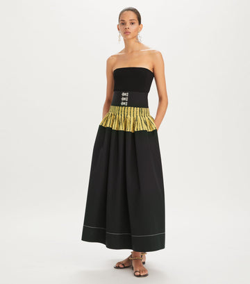 Black One - Shoulder Dress with Yellow Striped Waistband