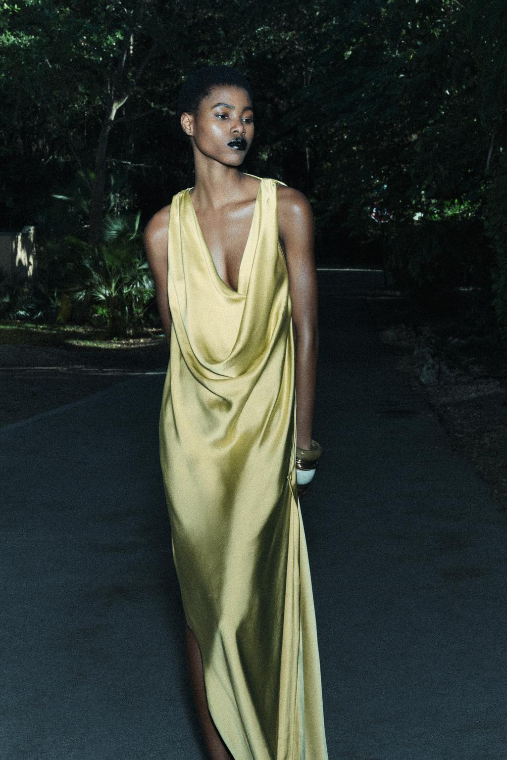 Lemon Yellow Satin Cowl Neck Maxi Dress