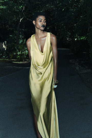 Lemon Yellow Satin Cowl Neck Maxi Dress