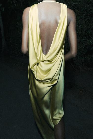 Lemon Yellow Satin Cowl Neck Maxi Dress