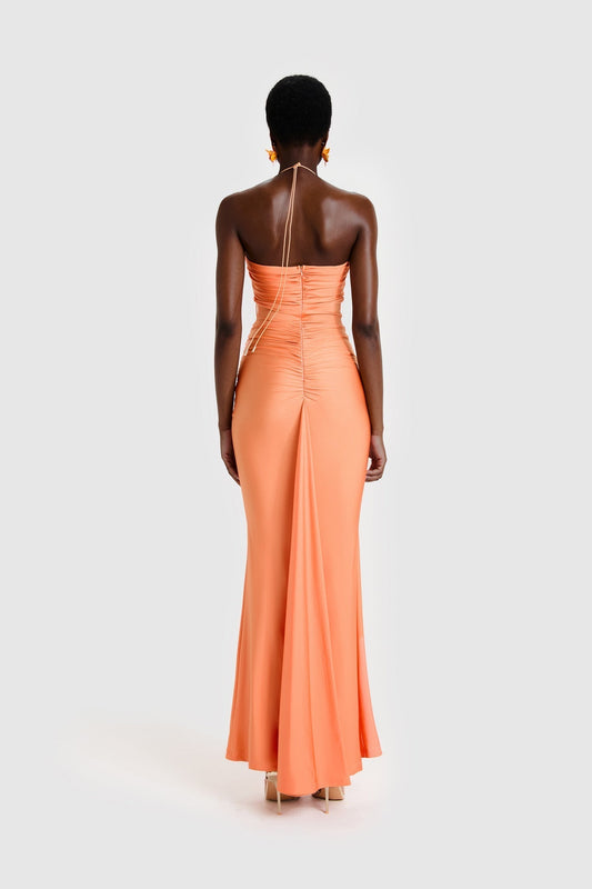 Peach Halter Neck Ruched Maxi Dress