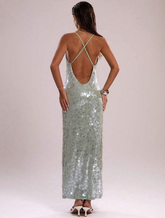 Mint Green Sequin Spaghetti Strap Maxi Dress