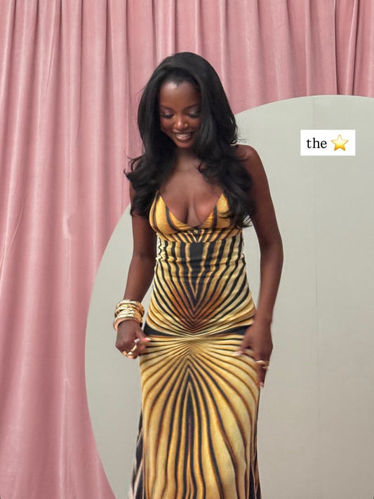 Gold & Black Striped Plunge Neck Maxi Dress