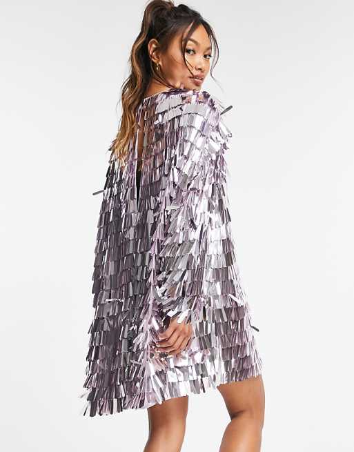Silver Sequin Fringe Party Dress