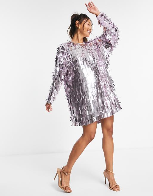 Silver Sequin Fringe Party Dress