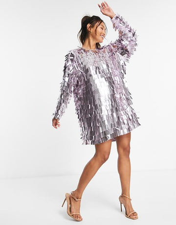 Silver Sequin Fringe Party Dress