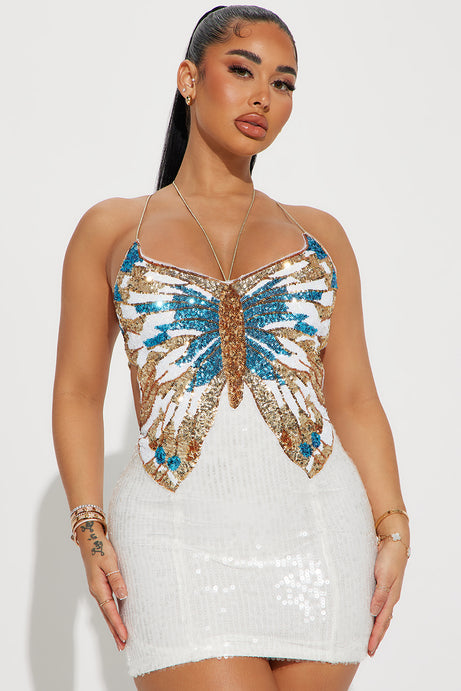 Sequin Butterfly-Embellished Mini Dress