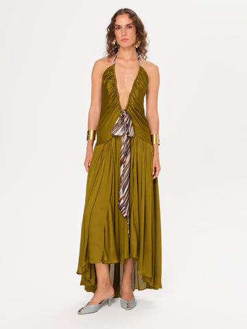 Olive Green Halterneck Maxi Dress