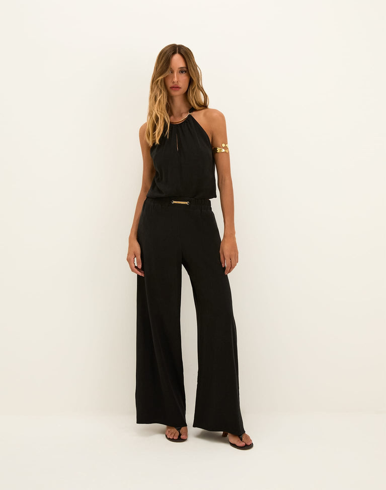 Black Halterneck Jumpsuit with Gold Accents