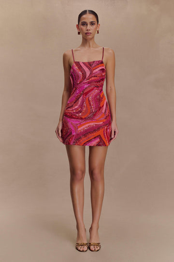Pink Sequin Wave Print Mini Dress