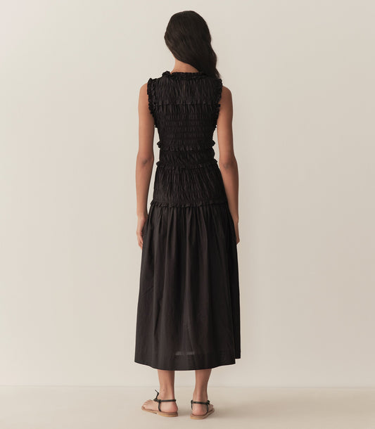 Black Smocked Ruffle Maxi Dress