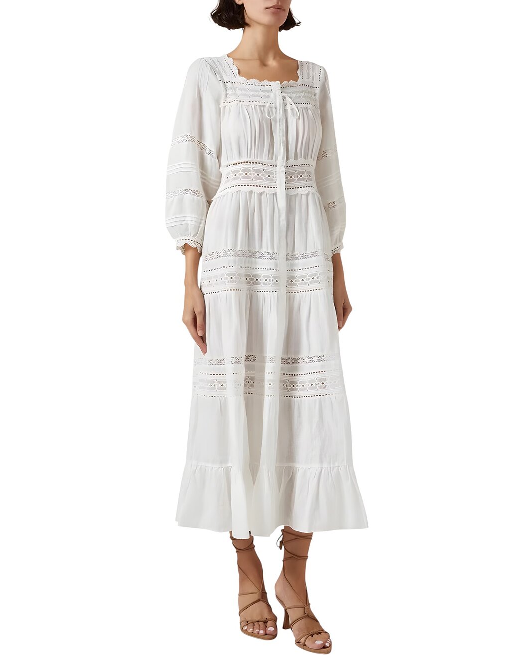 White Lace Trim Button-Front Maxi Dress