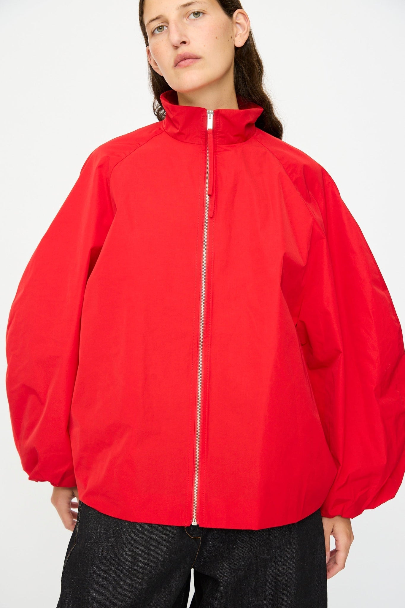 Red Zippered Stand-Collar Puff-Sleeve Jacket