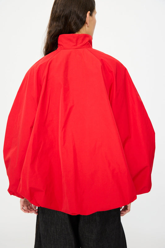 Red Zippered Stand-Collar Puff-Sleeve Jacket