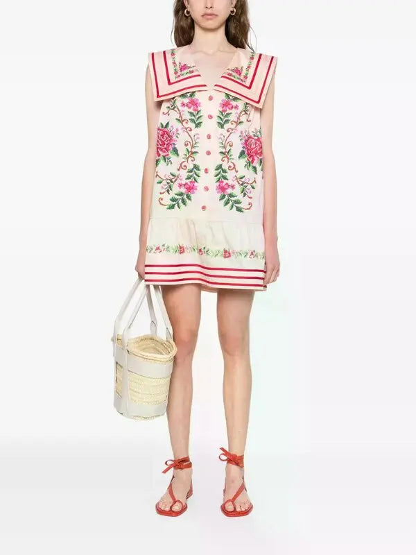Floral Embroidered Sailor - Collar Mini Dress