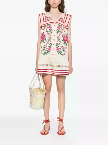 Floral Embroidered Sailor - Collar Mini Dress