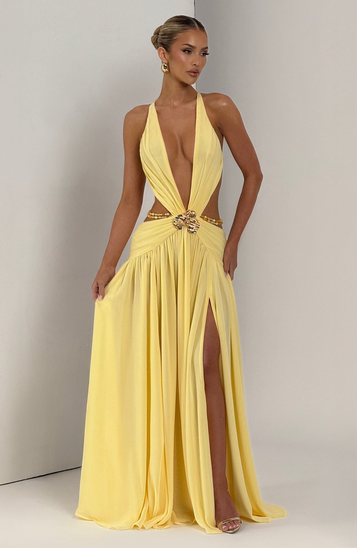 Yellow Deep - V Backless Maxi Dress with Floral Embellishment
