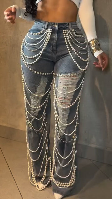 Pearl - Embellished Distressed Wide - Leg Jeans