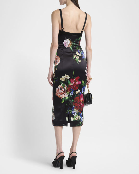 Black Satin Floral Print Midi Dress
