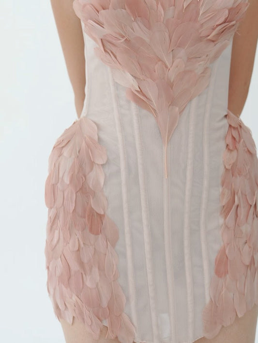 Pink Feather - Embellished Strapless Mini Dress