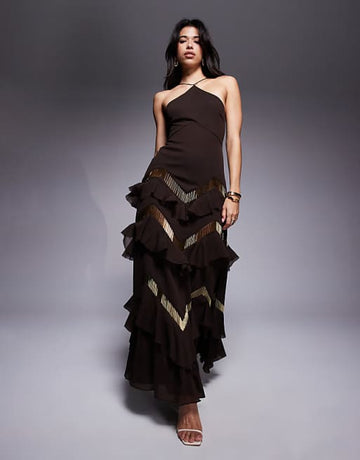 Brown Halter Neck Tiered Maxi Dress with Gold Detailing