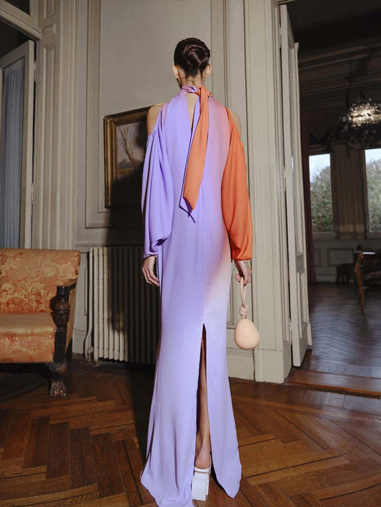 Color - Block Halter Cold - Shoulder Maxi Dress