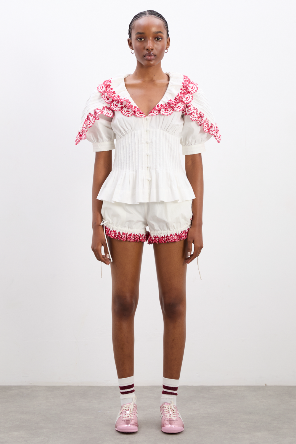 White Top and Shorts Set with Pink Floral Embroidery