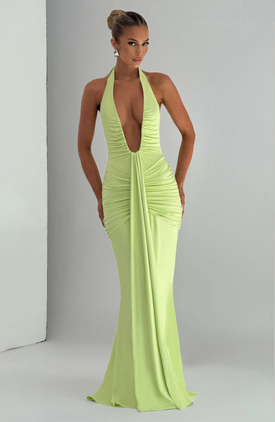 Plunge Halter Neck Ruched Maxi Dress