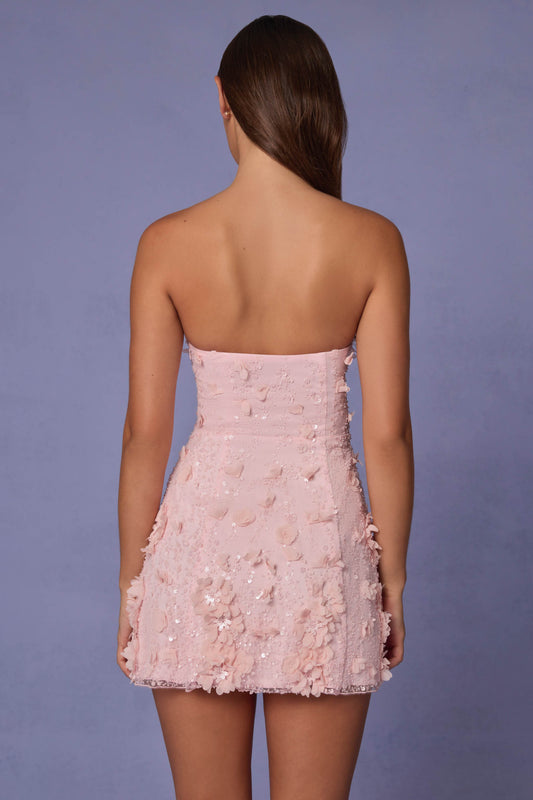 Pink Floral Embroidered Strapless Mini Dress