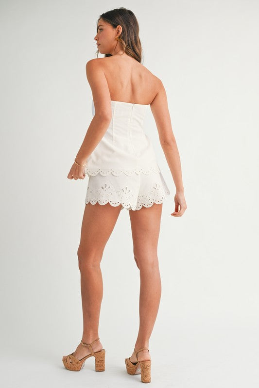 White Strapless Top and Shorts Set with Eyelet Detailing