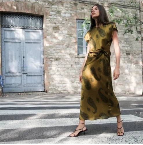 Olive Green Paisley - Print Knot - Detail Dress