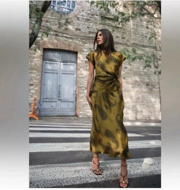 Olive Green Paisley - Print Knot - Detail Dress