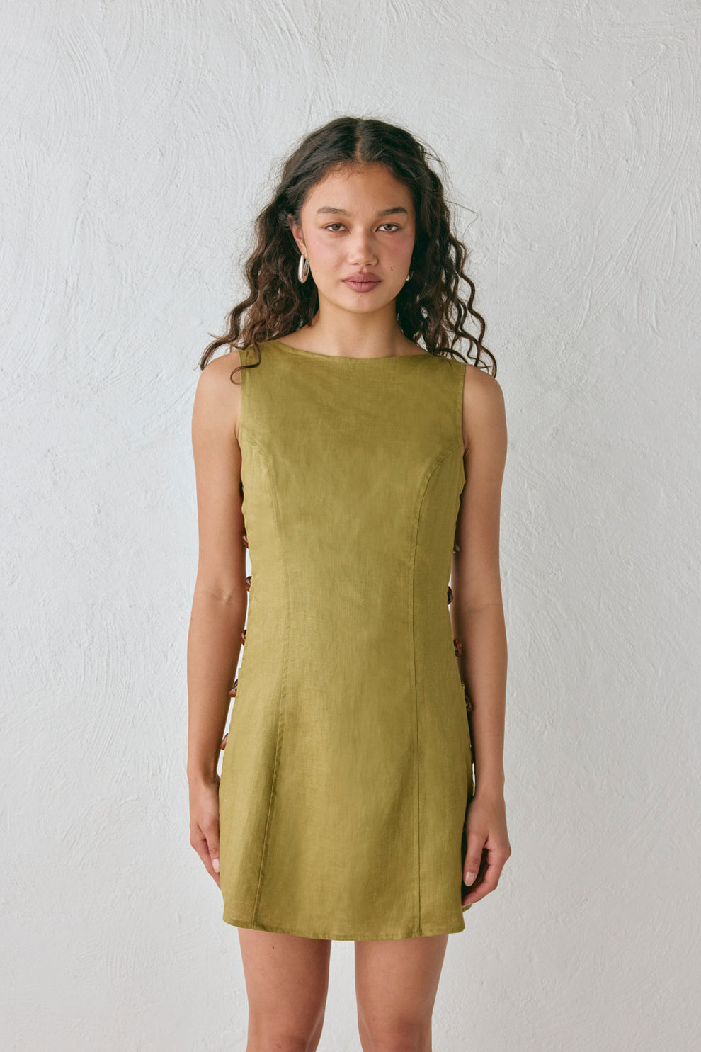 Olive Green Side Cutout Bead - Detail Mini Dress