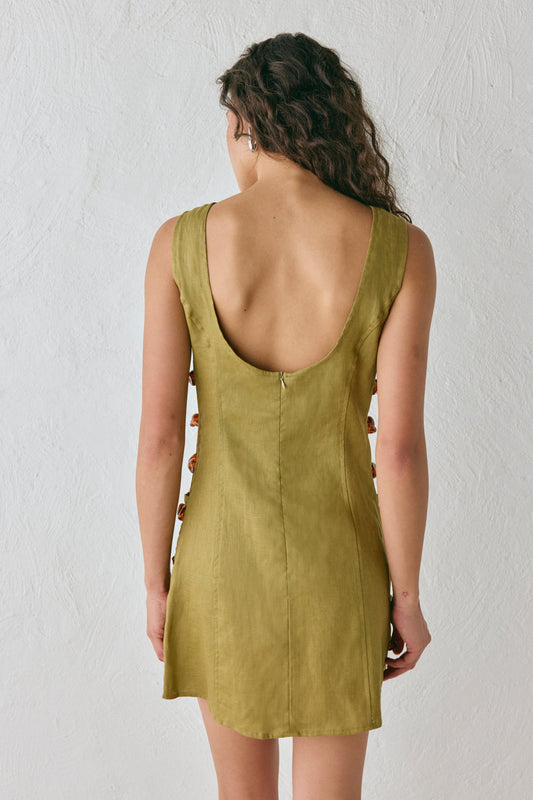Olive Green Side Cutout Bead - Detail Mini Dress