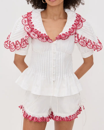 White Top and Shorts Set with Red Lace Trim