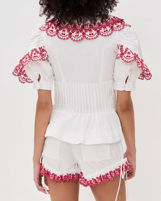 White Top and Shorts Set with Red Lace Trim