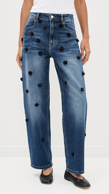 Blue Jeans with Black Floral Appliqués