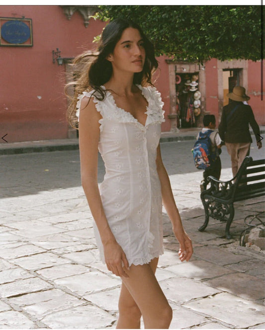 White Embroidered Ruffle Mini Dress