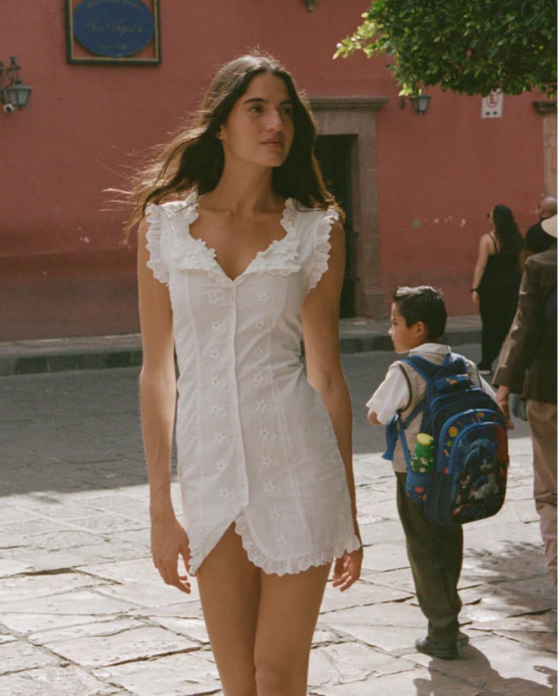 White Embroidered Ruffle Mini Dress