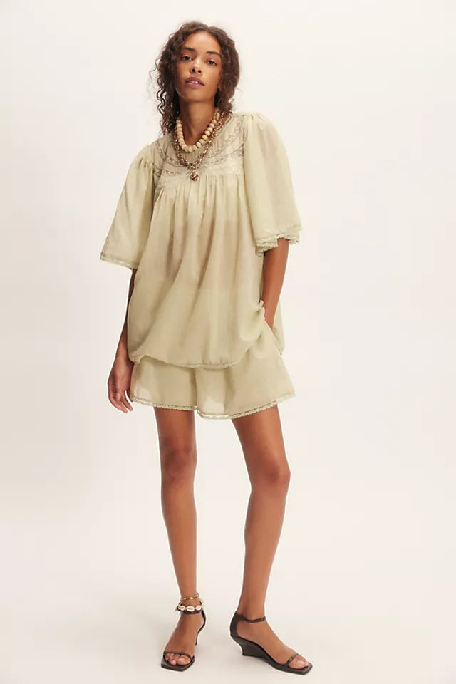 Beige Sheer Blouse and Shorts Set