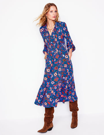 Blue Floral Print Midi Dress