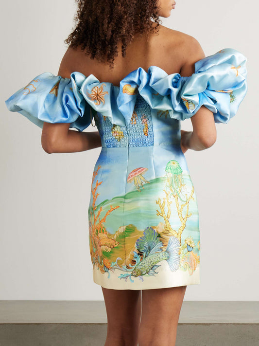 Off - Shoulder Marine - Print Mini Dress