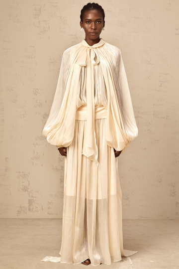 Cream - Colored Maxi Dress with Cape - Like Sleeves