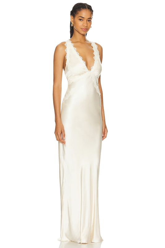 White Satin V - Neck Maxi Dress with Lace Trim