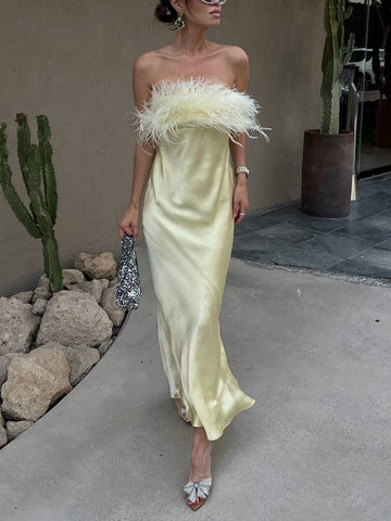 Light Yellow Strapless Feather - Trimmed Dress