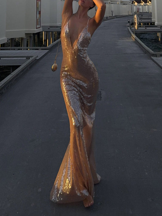 Champagne Sequin Deep V - Neck Maxi Dress