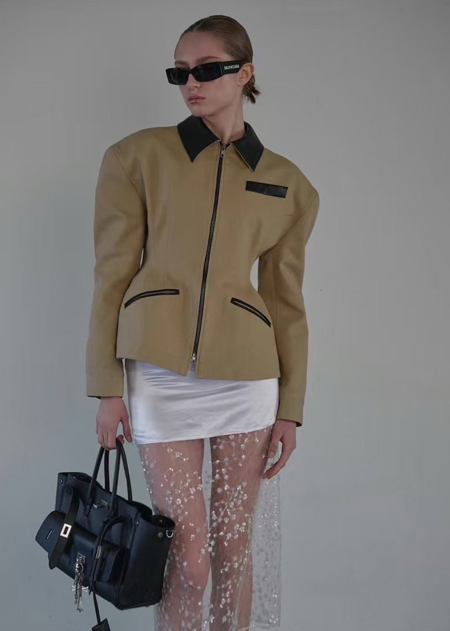 Khaki Jacket with Black Contrast Details